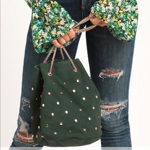 META OLIVE GREEN SUEDE STUDDED DRAWSTRING BAG